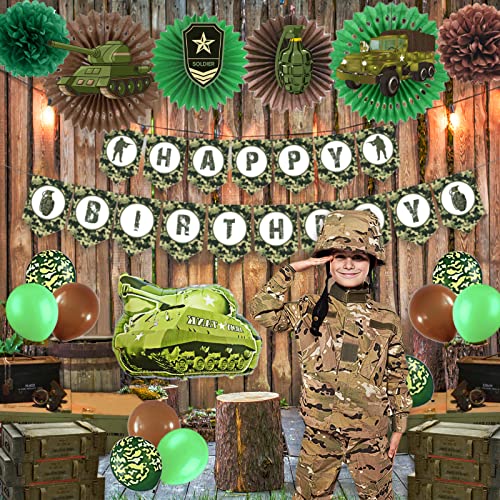 Army Party Decorations, Hombae Army Birthday Party Supplies, Army Birthday Party Decorations, Army Banner Cake Toppers Camouflage Balloons Tank Foil Balloon Grenade Tank Military Badge Cut Outs Green Brown Paper Fans #TOP6