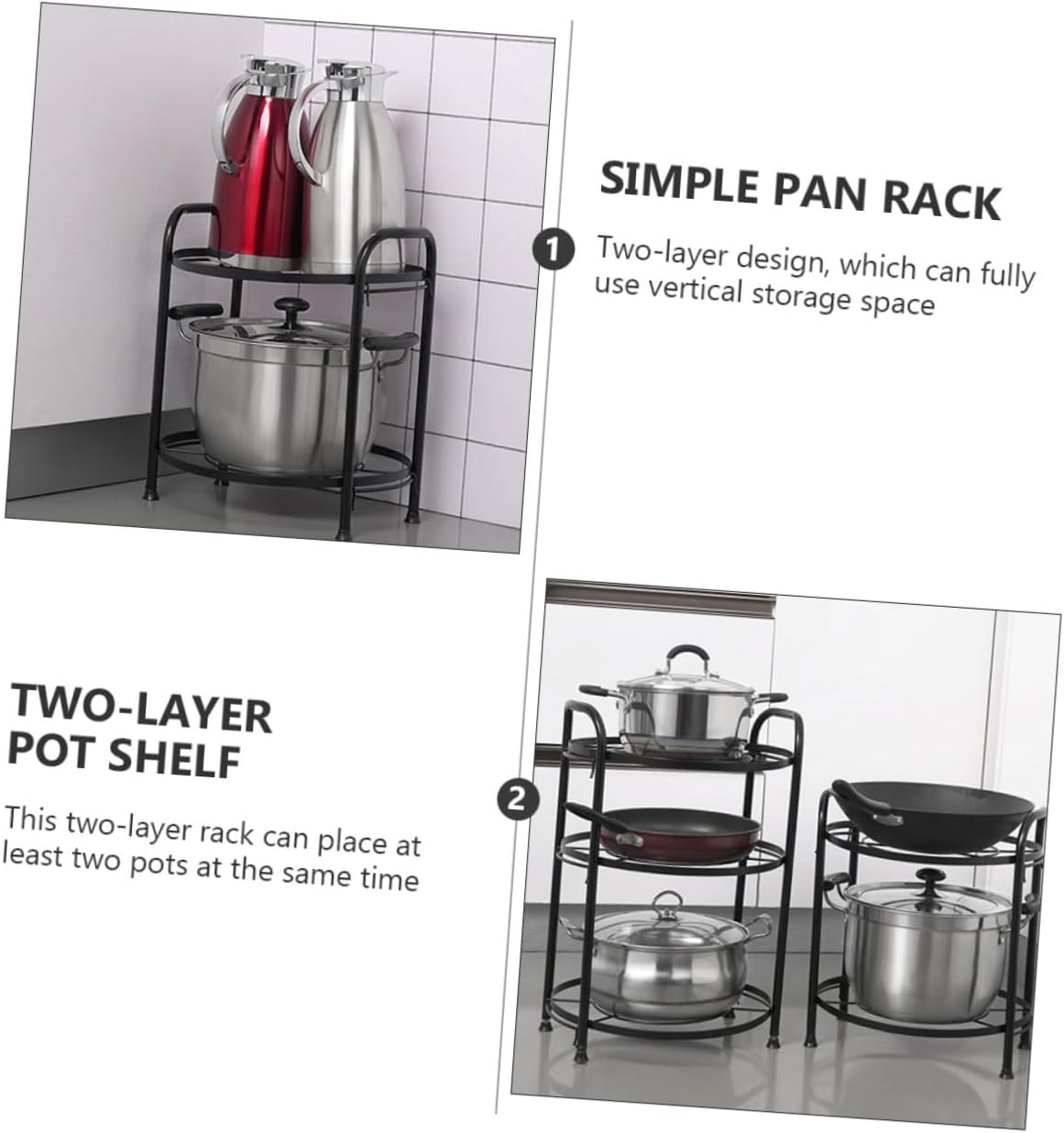 Two-layer Multipurpose Kitchen Storage Shelf Detachable Pot Rack with High Toughness Space-saving Pan Organizer for Corner Use Household Cookware Holder Black