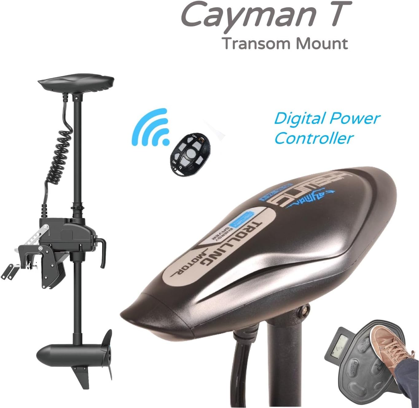 Zichen Haswing CaymanT Transom-Mount Trolling Motor with Wireless Remote & Foot Control - 55LBS Thrust, 39in. Shaft for Kayak Fishing Boat in Freshwater & Saltwater