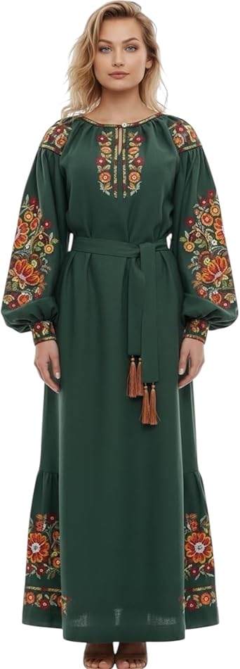 Handcrafted Green Linen Embroidered Dress | Ukrainian Vyshyvanka with Petrykivka Folk Art | Boho Maxi Dress with Belt