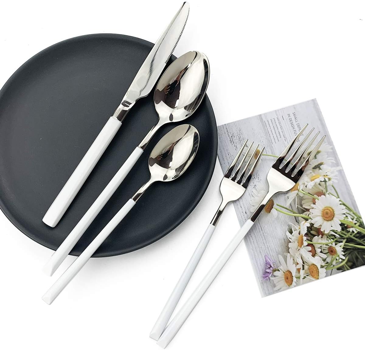 JASHII Silverware Set, 20-Piece Flatware Cutlery Set 18/10 Stainless Steel Utensils Service for 4, Heavy Duty Gift， Mirror Polished Dinner Knife, Fork, Spoon for Restaurant（White Silver）