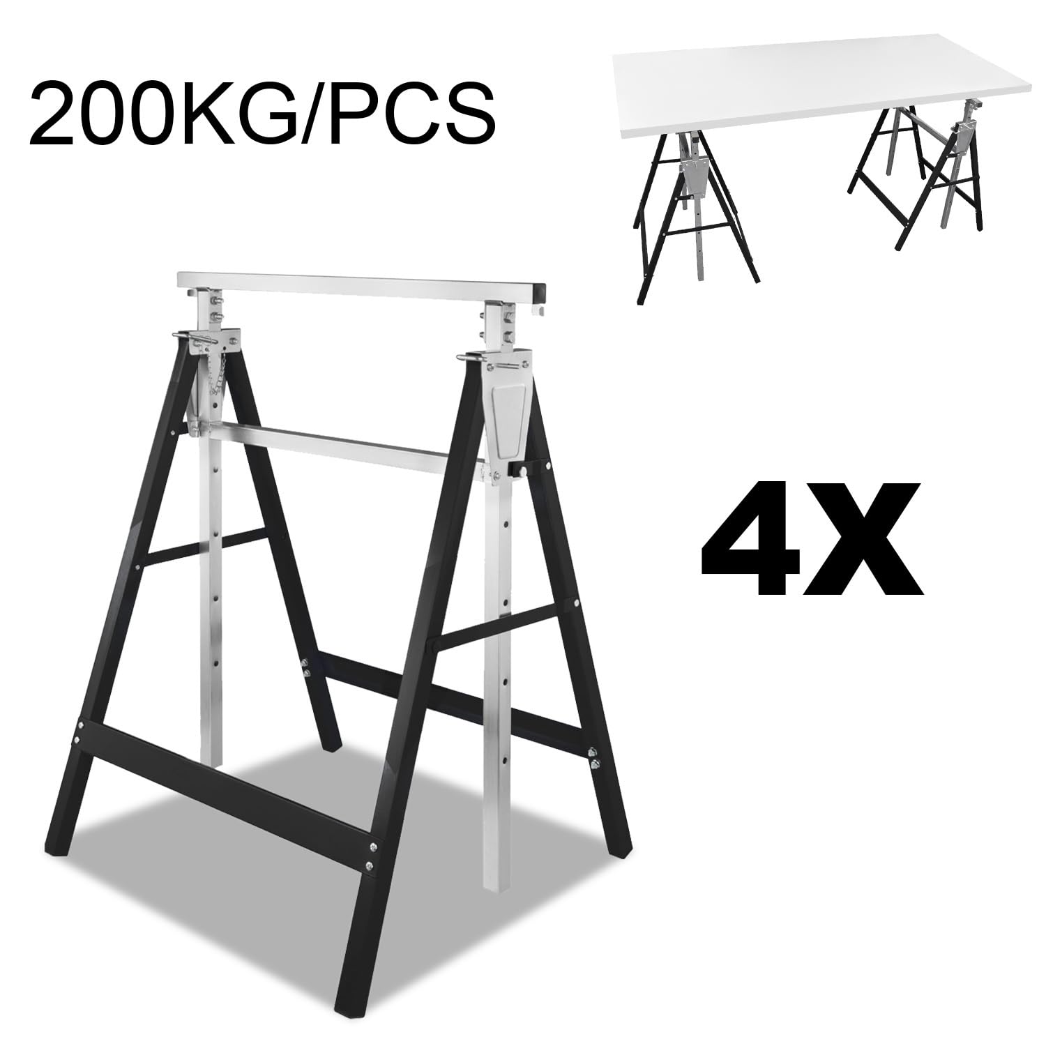 Cavalletto da lavoro, set da 4 cavalletti pieghevoli, regolabile in 7 posizioni, altezza di lavoro variabile 81-130 cm, rivestimento in plastica antigraffio nero.