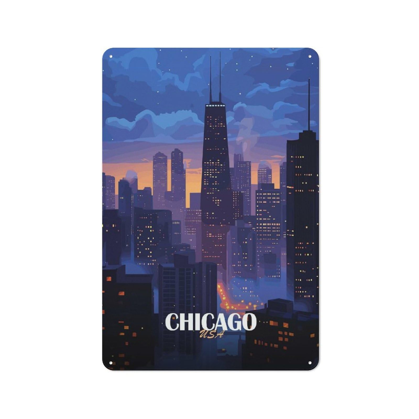 Junmoney Style-3 Urban Metal Wall Art Sign 30X20cm Featuring Chicago Cityscape At Dusk, Studio Wall Art For Modern Home, Workshop, Office Or Cafe