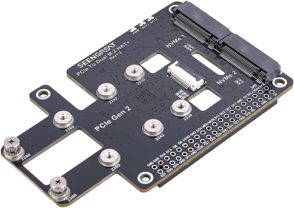PCIe to Dual M.2 NVMe SSD HAT+ Expansion Board for Raspberry Pi 5, 2× M.2 2230/2242/2260/2280 Slots, PCIe Gen2 x1 NVMe Boot Adapter