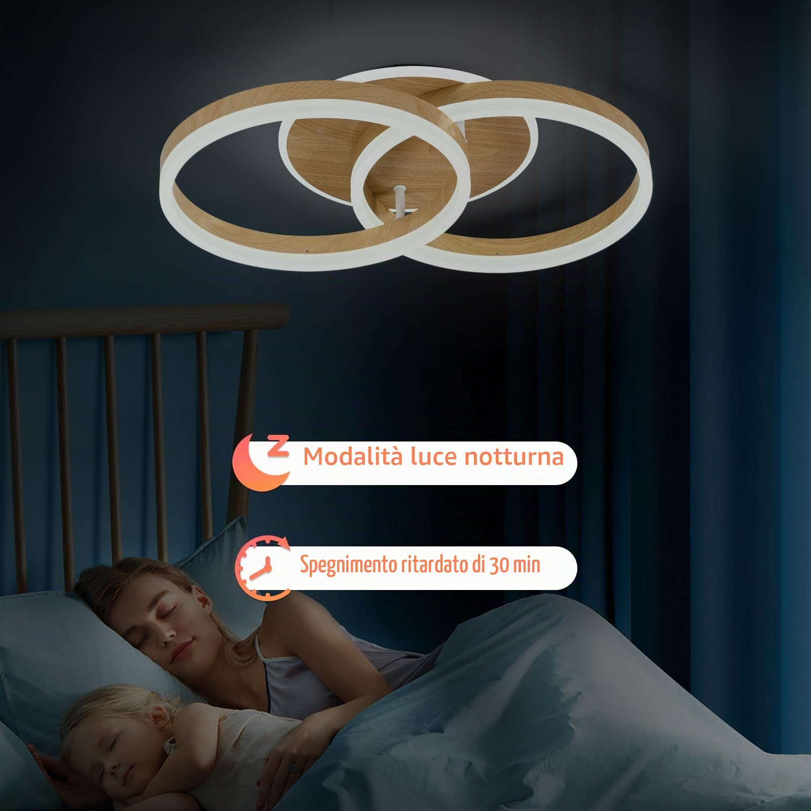 Plafoniera LED Soggiorno 2 Ring φ50 cm 36W Moderna Dimmerabile con Telecomando, in Metallo+Acrilico, per Soggiorno, Camera, Sala da Pranzo -Imitazione Legno