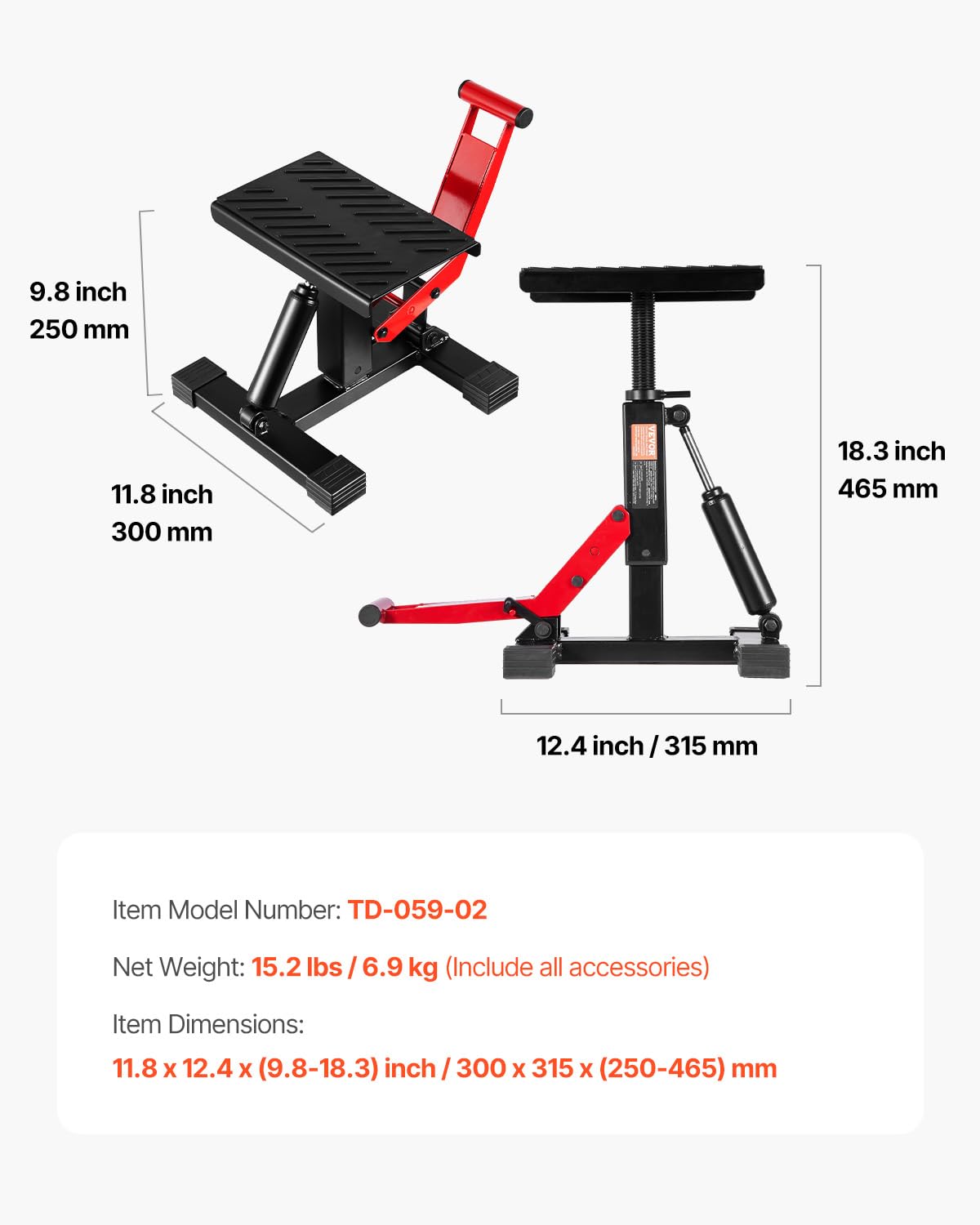 VEVOR Stojak do podnoszenia roweru terenowego, podnośnik motocyklowy, nośność 544 kg i hydrauliczny podnośnik, regulowana wysokość 24,9 cm - 46,5 cm do naprawy rowerów Dirtbike, konserwacji