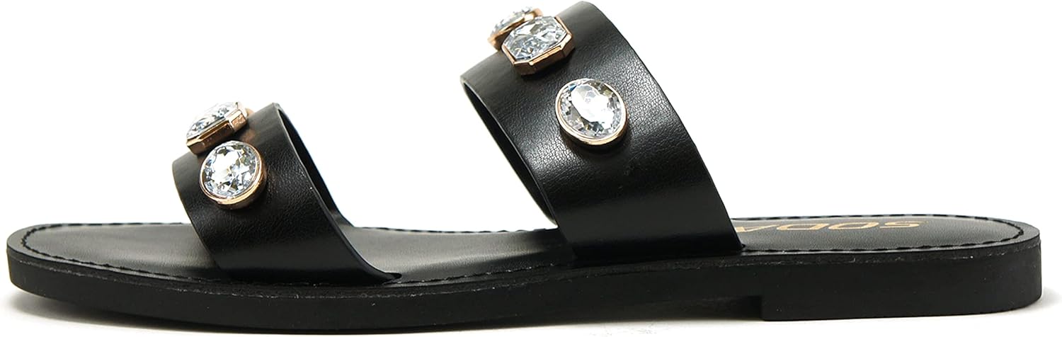 Soda COLETTE ~ Women Flat 2 Bands Stripe Fashion Shine Rhinestone Jewel Gem Slide Sandal (5.5, BLACK PU, numeric_5_point_5)