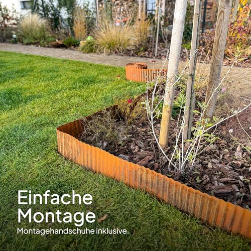 UNIGARDIA Rasenkante aus Cortenstahl 6 m - Beeteinfassung aus Metall 15 cm hoch - Einfache Montage - Flexible Beetumrandung mit Rost, 1 Paar Montagehandschuhe inklusive