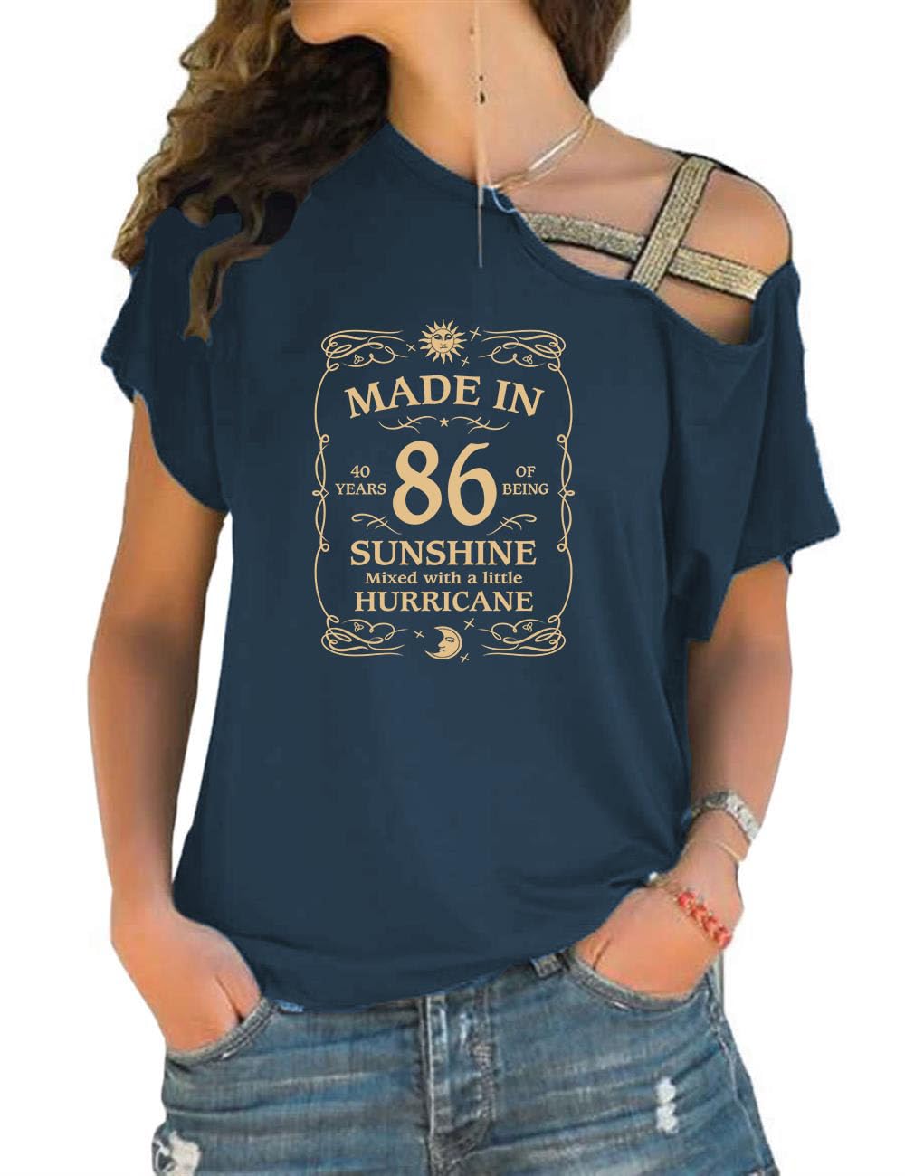 Made in 86 Print T-Shirt 40th Birthday Gifts for Women Short Sleeve Off The Shoulder Top