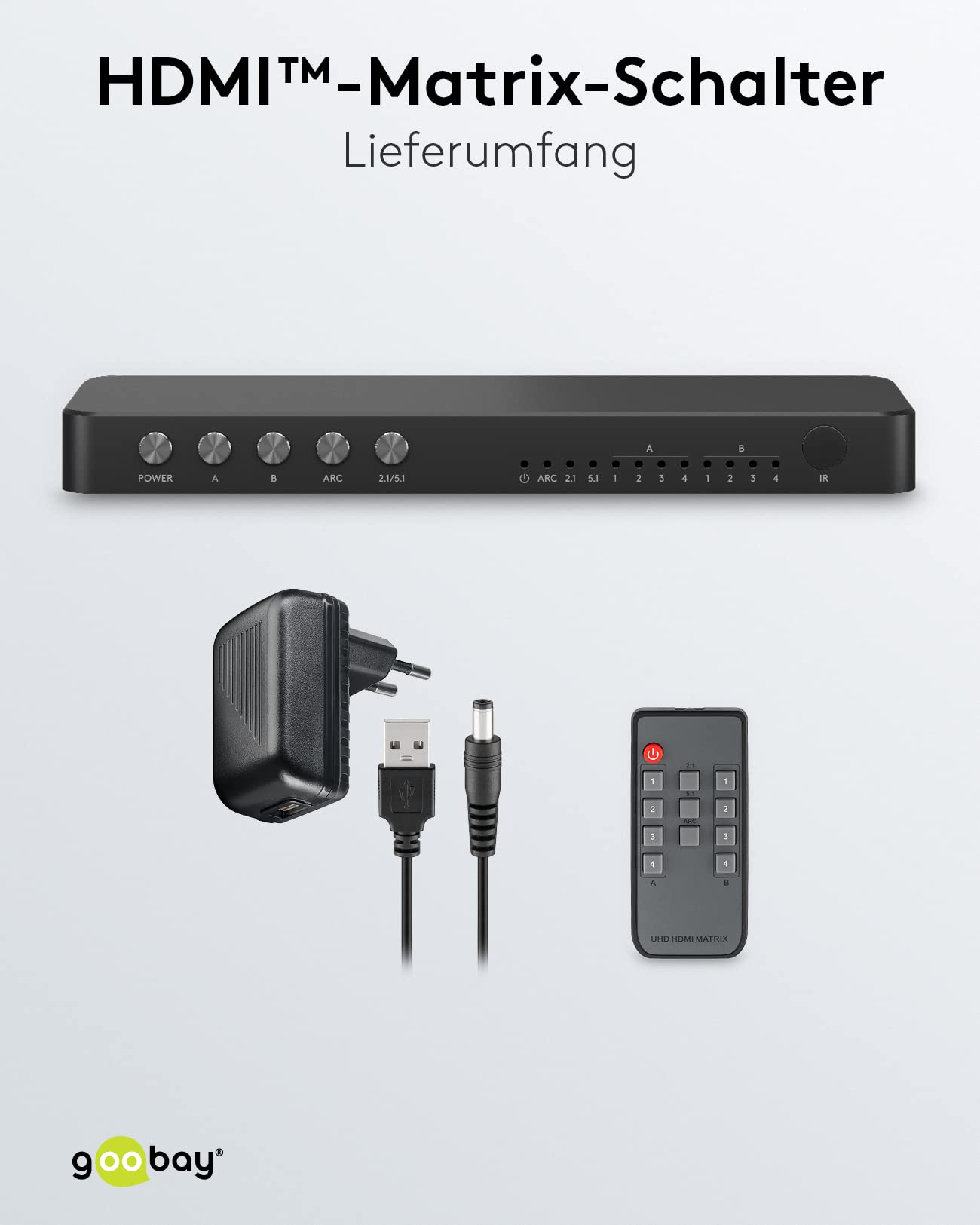 goobay 58479 Commutatore a matrice HDMI 4 a 2 / Splitter a matrice 4k @ 60Hz / Con telecomando per lettore Blu ray, Xbox, PS5 e TV/Commutatore 4 IN 2 Out