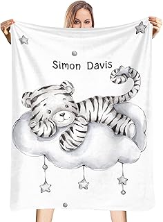 NZOOHY Little Tiger on Cloud Stars Personalized Baby Blanket for Girl Boy Soft Warm Newborn Throw Naps Swaddle Custom Blanket 30X40 in