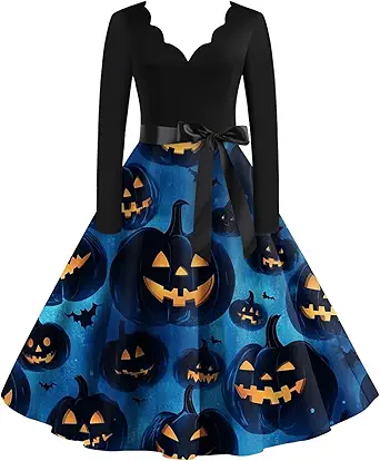 OIOLOYJM Sexy Plus Size Halloween Costumes Woman 2025 Long Sleeve V Neck Printed Gothic Retro Formal Party Dresses for Women