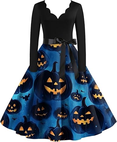 OIOLOYJM Sexy Plus Size Halloween Costumes Woman 2025 Long Sleeve V Neck Printed Gothic Retro Formal Party Dresses for Women