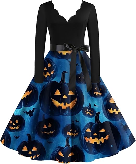 OIOLOYJM Sexy Plus Size Halloween Costumes Woman 2025 Long Sleeve V Neck Printed Gothic Retro Formal Party Dresses for Women