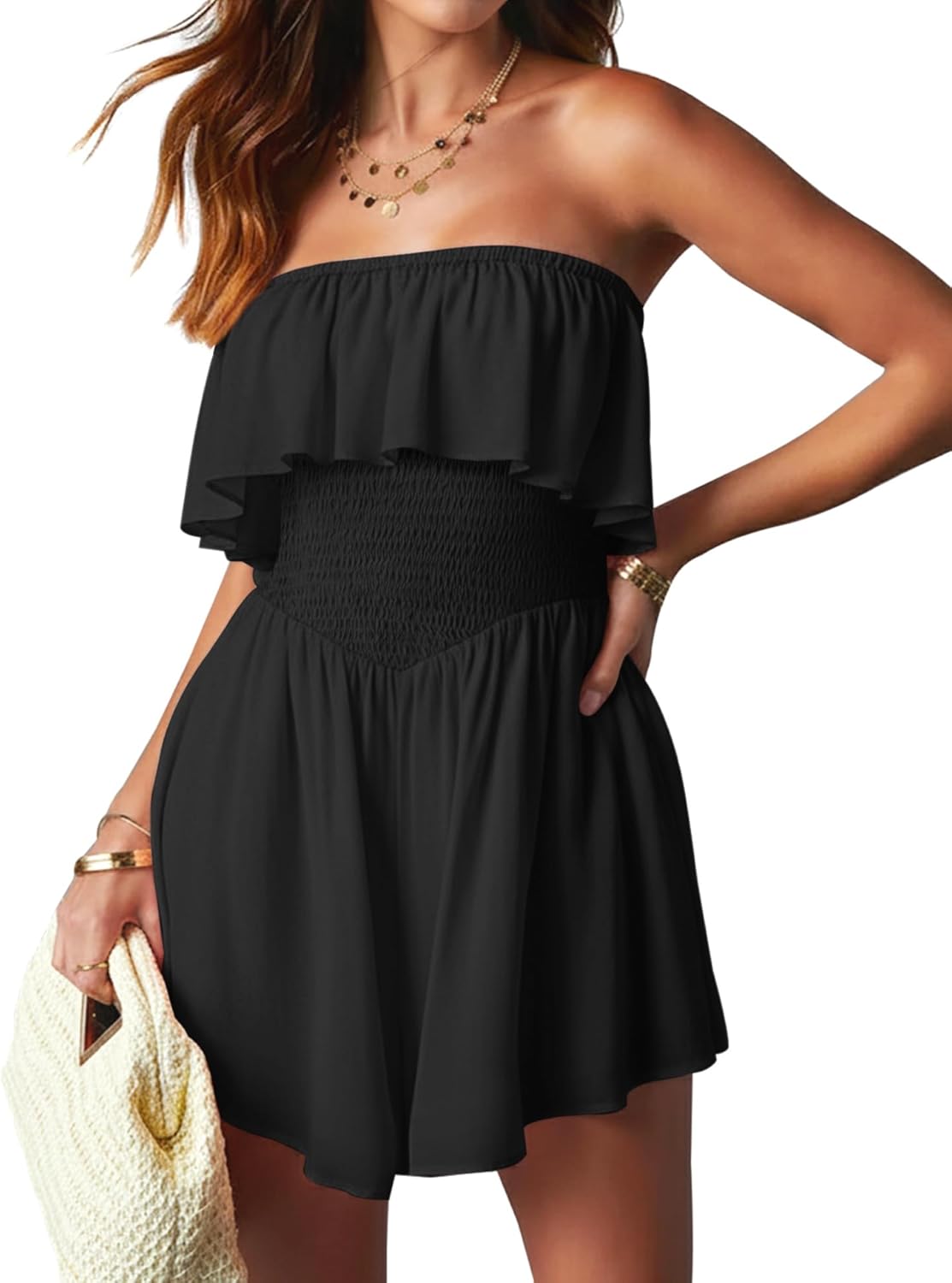 AIMCOO Women's Rompers Summer Strapless Floral Print Tube Top Sleeveless Double Ruffle Hem Shorts Jumpsuit with Pocket