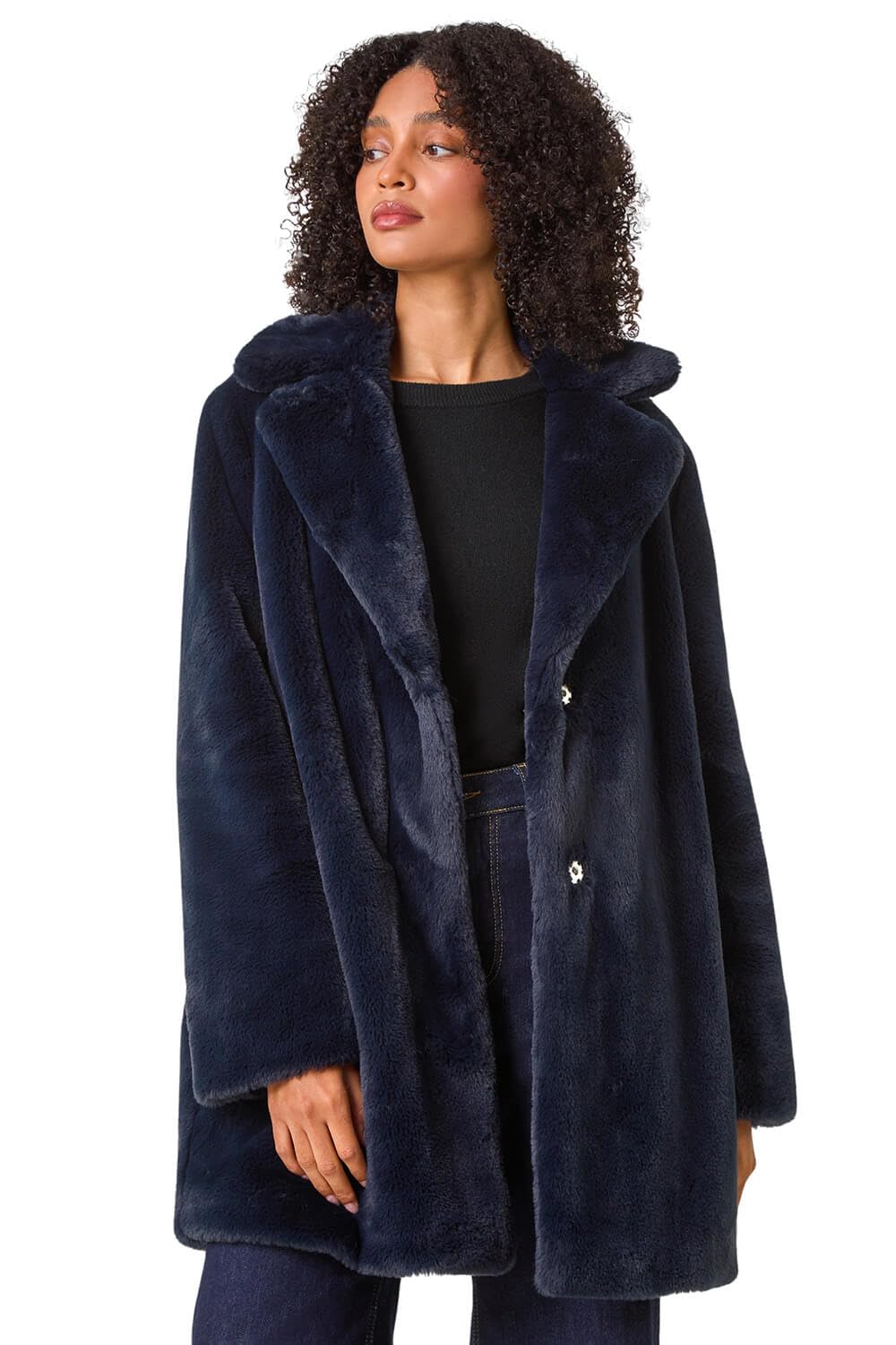 Roman Originals Women Faux Fur Coat - Ladies Jackets Teddy Bear Plush Casual Soft Fluffy Textured Oversized Warm Cosy Autumn Winter Flattering - Midnight Blue - Size 20