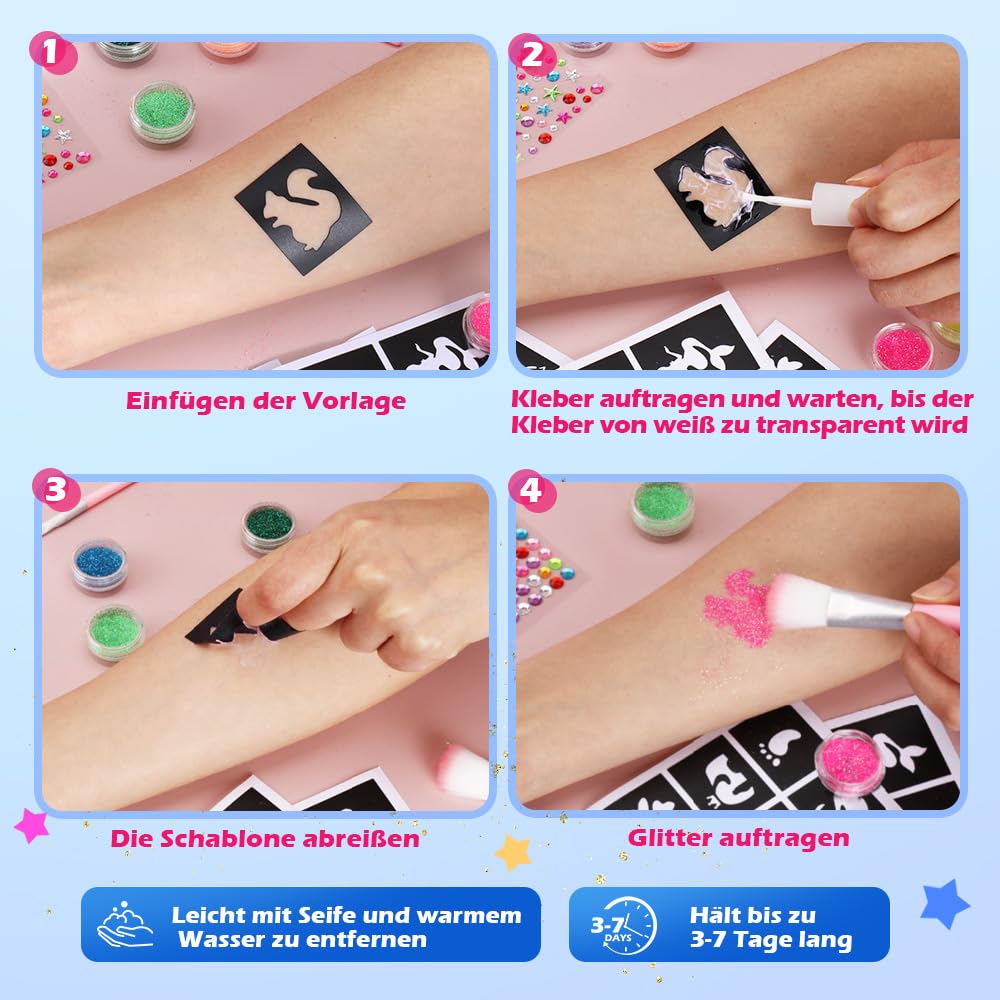 Bledras Glitzer Tattoo Set Kinder, 42 Farben Temporary Glitter Tattoos, 210 Schablonen, 370 Strasssteine, 5 Pinsel, 3 Kleber, Glitter Make Up Kit for Birthday Party Ostergeschenk