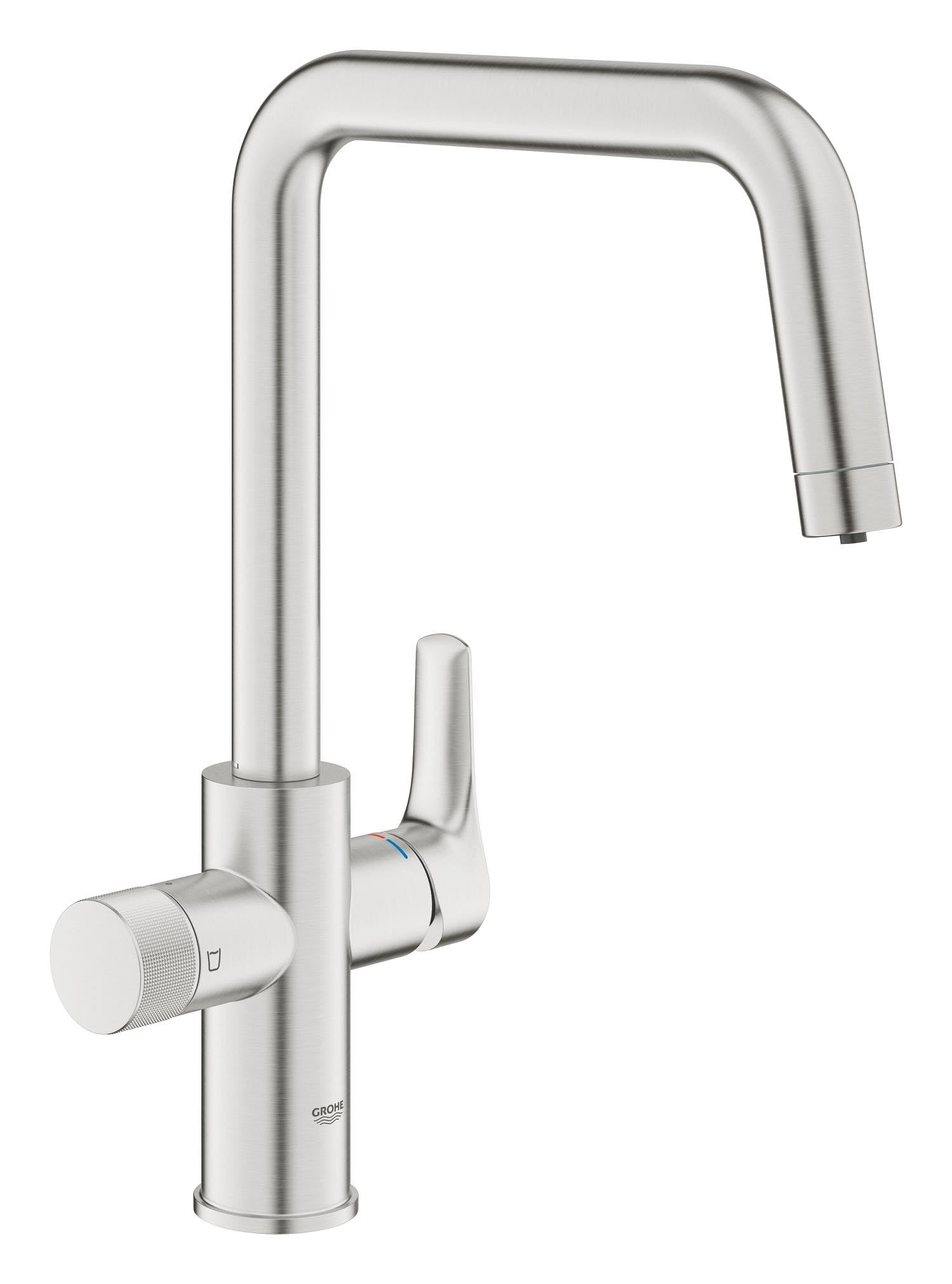 GROHE Blue Pure Eurosmart – Grifo con filtro de agua de 3 vías (caño alto en U, giro 150°, mando de filtrado, cartucho cerámico 28 mm, latiguillos 3/8", requiere set de filtrado), Supersteel, 30583DC0