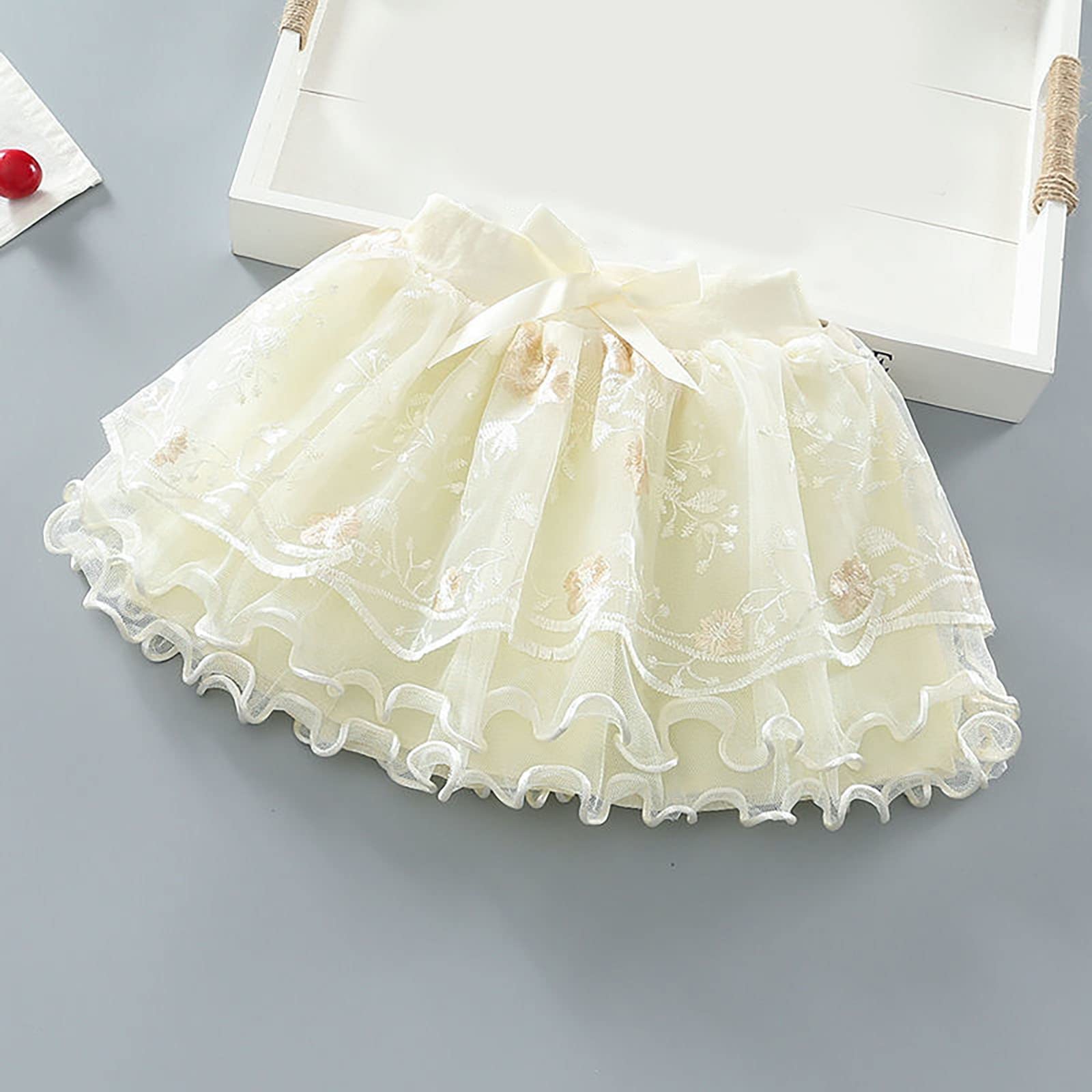 Toddler Baby Girls Tutu Skirt Kids Layered Tulle Tutus Skirt Embroidered Pattern Bow Skirt Party (Beige, 12-18 Months)