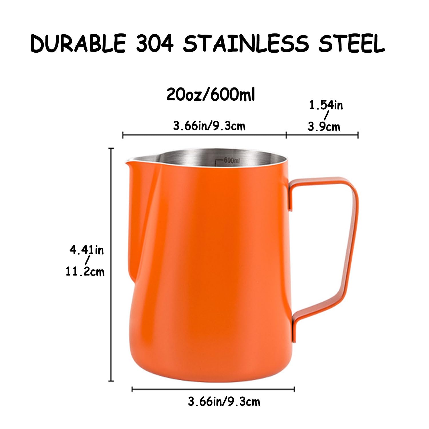 Dzbanek do spieniania mleka do ekspresu do kawy, 600 ml, dzbanek do spieniania mleka ze stali nierdzewnej 304, ze skalą pomiarową, styl baristy, do cappuccino latte i espresso, pomarańczowy