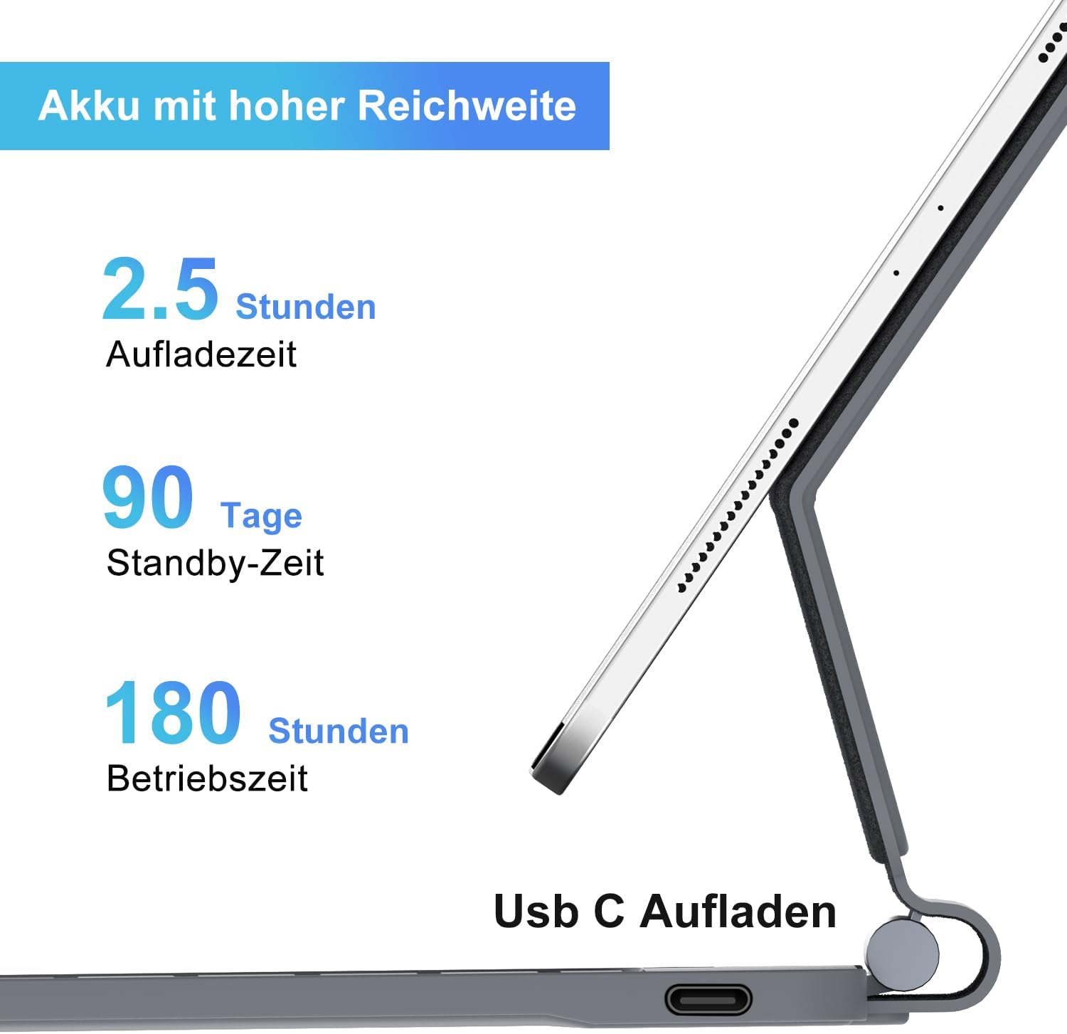 Close-up of the keyboard's USB-C charging port and battery life indicators.