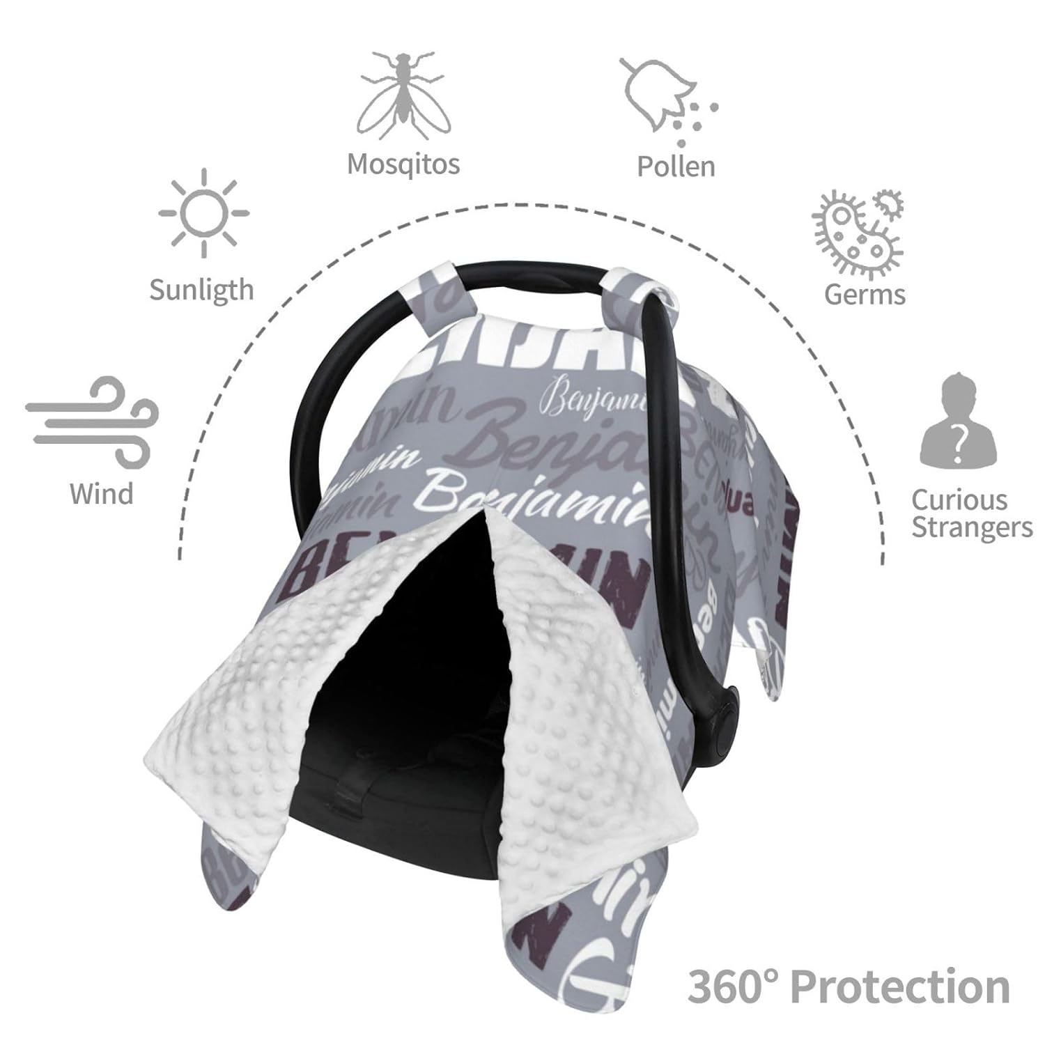 Personalized Baby Car Seat Canopy for Babies, Custom Name Baby Car Seats Covers for Boys Girls, Opening Minky Nursing Breastfeeding Cover for Infant, Carseat Canopies for Newborn (Gray)