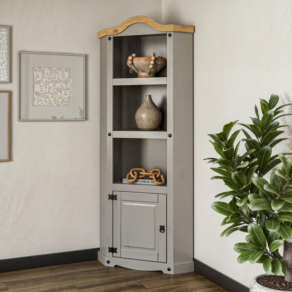 Corona Grey Corner Display Bookcase Unit Mexican Solid Pine