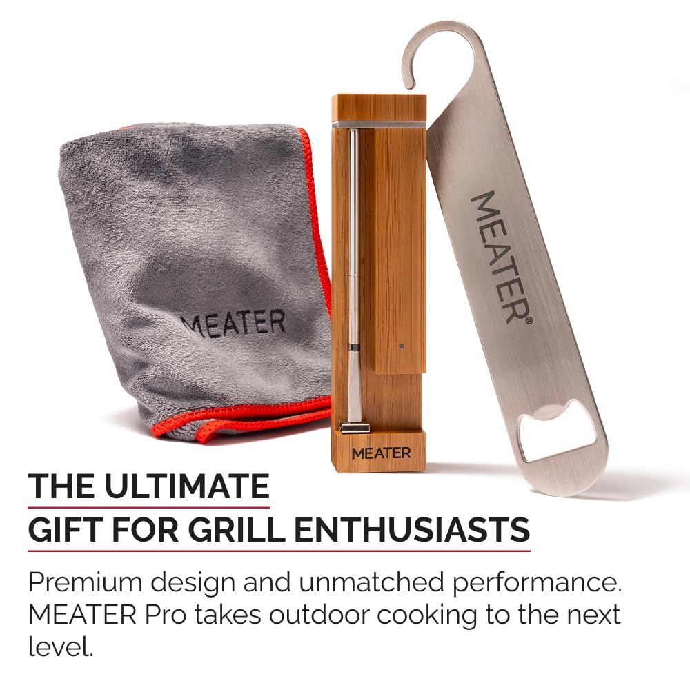 MEATER Pro Wireless Thermometer w/Towel & Bar Blade, Brown Sugar, 1000°F | Bluetooth wireless smart thermometer, long range, 1000°F heat resistance. Includes kitchen towel and bar blade bottle opener.