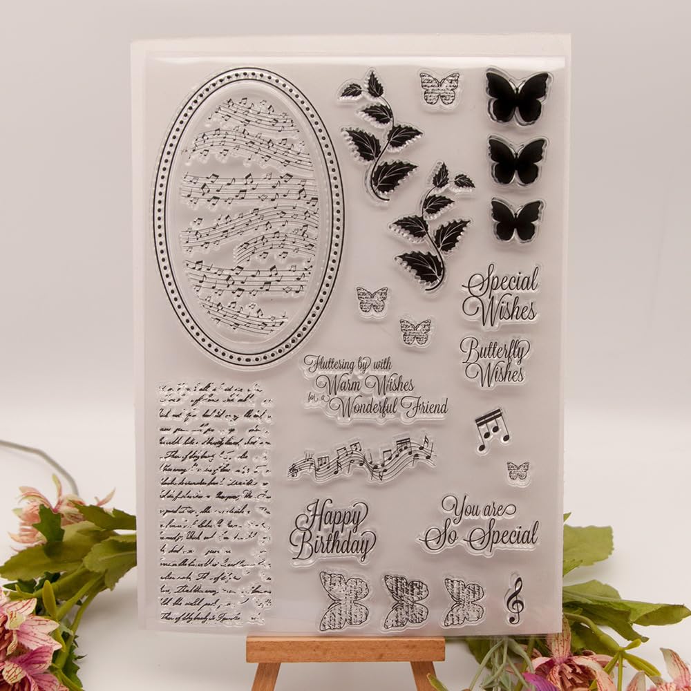 Elegant Retro Style Musical Notes English Phrases Background Butterfly Clear Stamps Transparent Silicone Stamp Album Cards Rubber Stamp for Card Making Decoration and DIY Scrapbooking