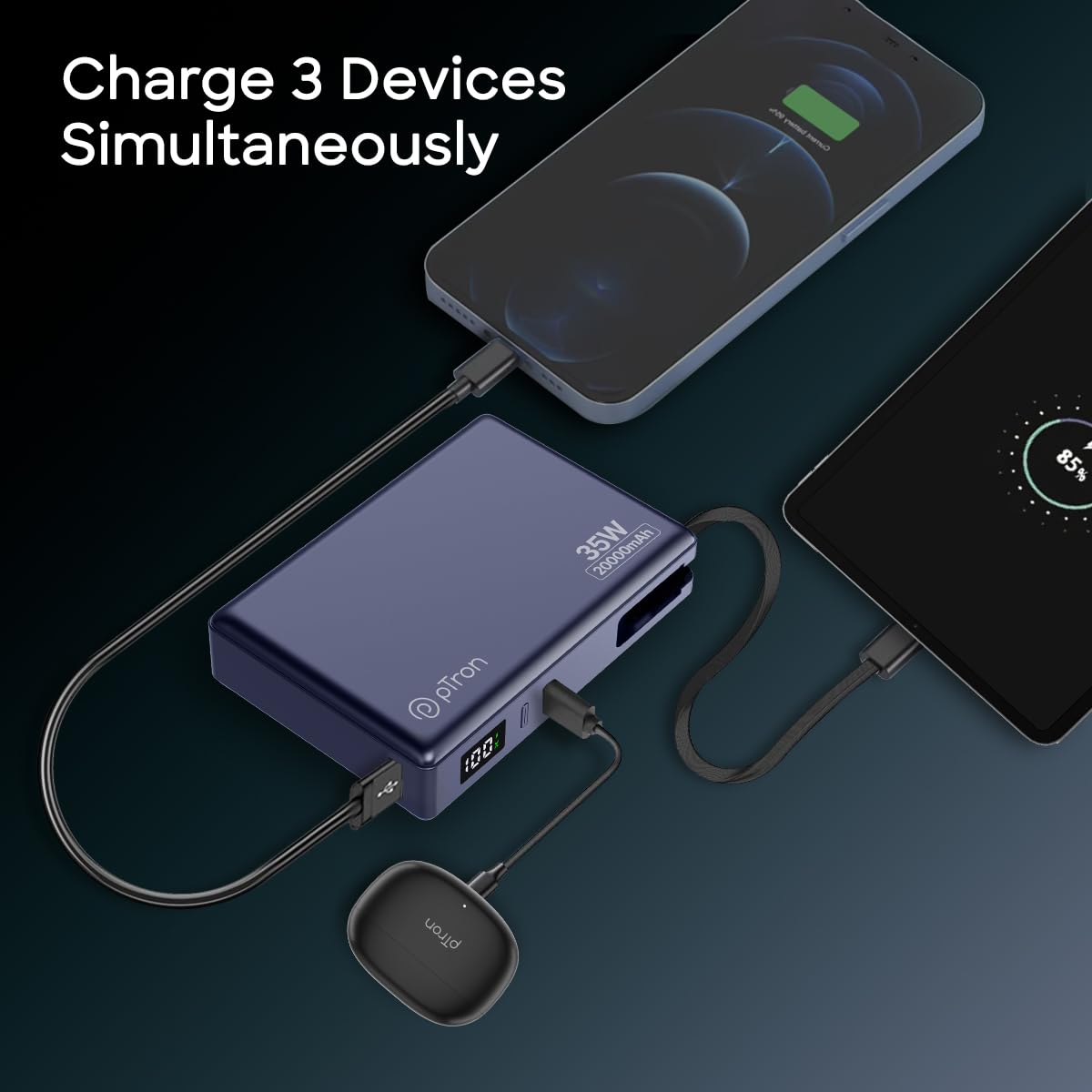 pTron Dynamo Sprint 20000mAh 35W Super Fast Charging, USB Type-C Input Power Bank Compatible with QC3.0/PD3.0, Built-in Charging Cable, 3 Charging Outputs, Type-C Input/Output Port (Indigo Blue) — Amazon image 5