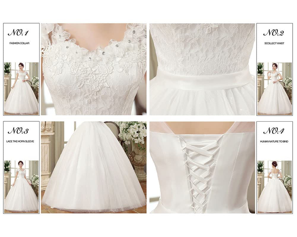 GUOCU Robe de Mariée Femme Asymétrique Dentelle Longue A Line Taille Empire Élégante Tulle Robe de Mariage en Double V-Col Et Manches Courtes