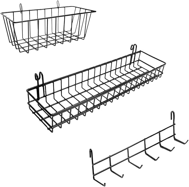 ODOXIA Hanging Baskets & Hooks Rack | Wall Grid Accessories for Wire Wall Grid Panel | Grid Panel Accessories | Wire Wall Baskets & Hanging Hooks | Grid Wall Storage | Pegboard Baskets & Key Holder