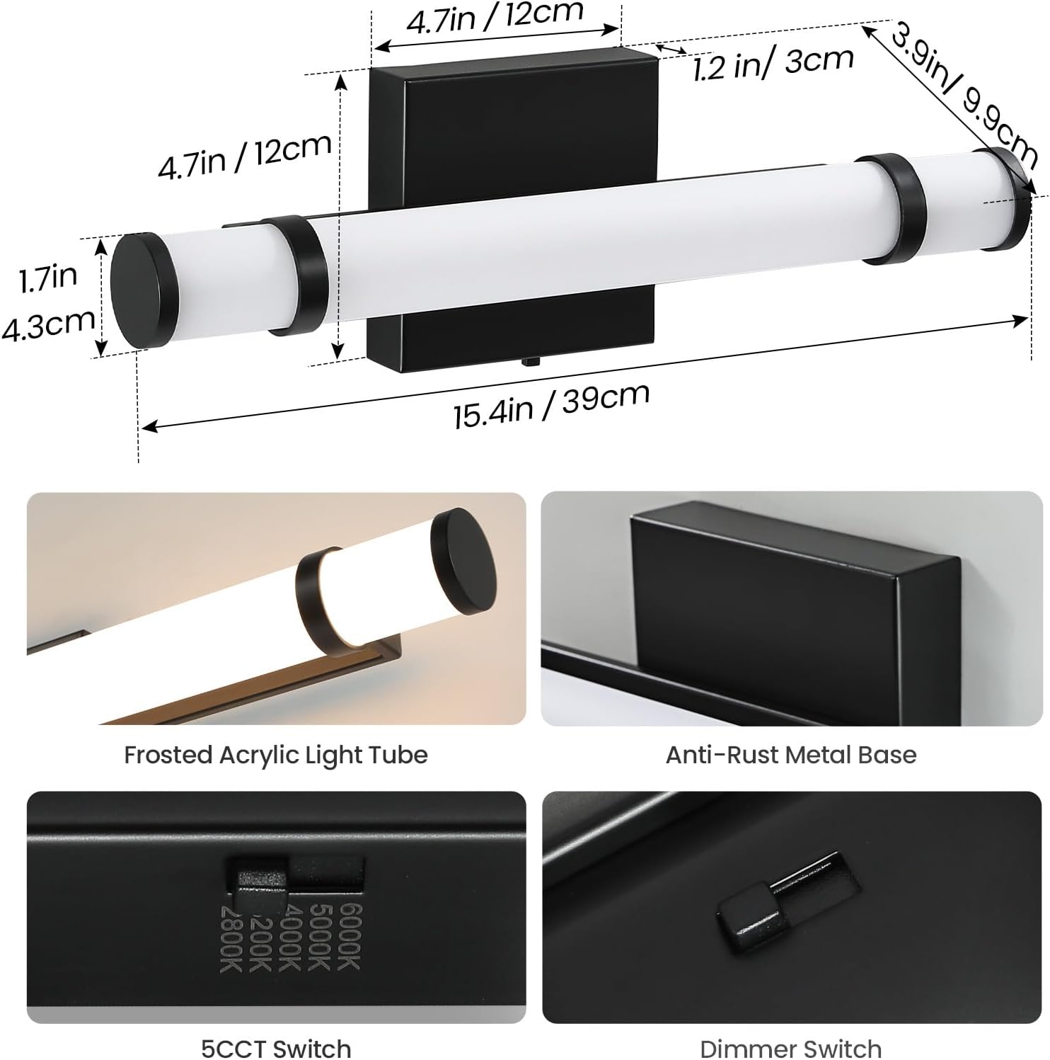 LED Bathroom Light Fixtures Over Mirror 15.4 Inch 10W Black Vanity Light Bar for Bathroom, 5CCT Dimmable Modern Indoor Bath Sconces Wall Lighting for Bedroom Living Room(Built-in Dimmer)