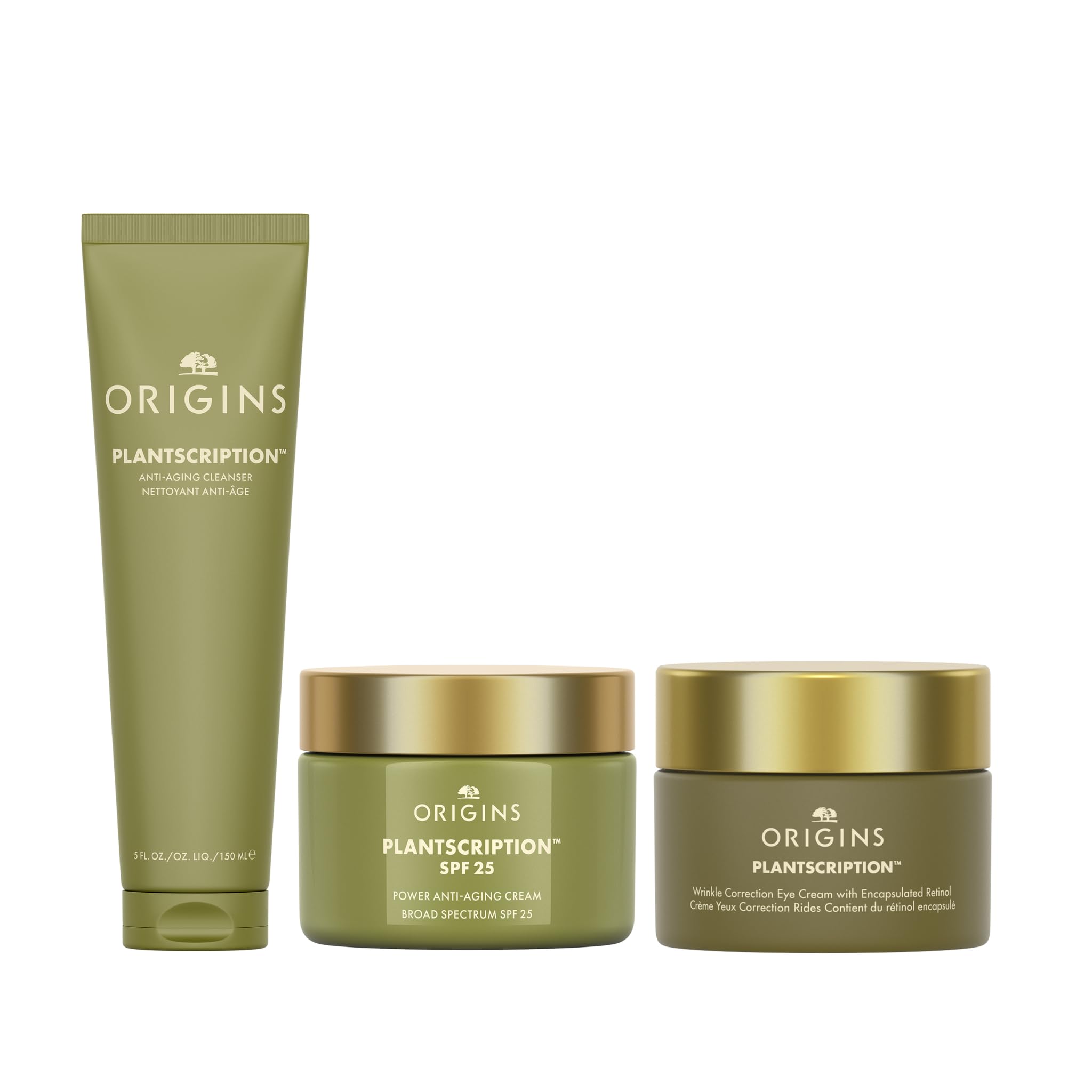 Origins Plantscription Routine: Nettoyant Anti-Âge (150ml) + SPF25 Crème Anti-Âge Intense (50ml) + Crème Yeux Correction Rides au rétinol encapsulé (15ml) - Réduit visiblement les ridules