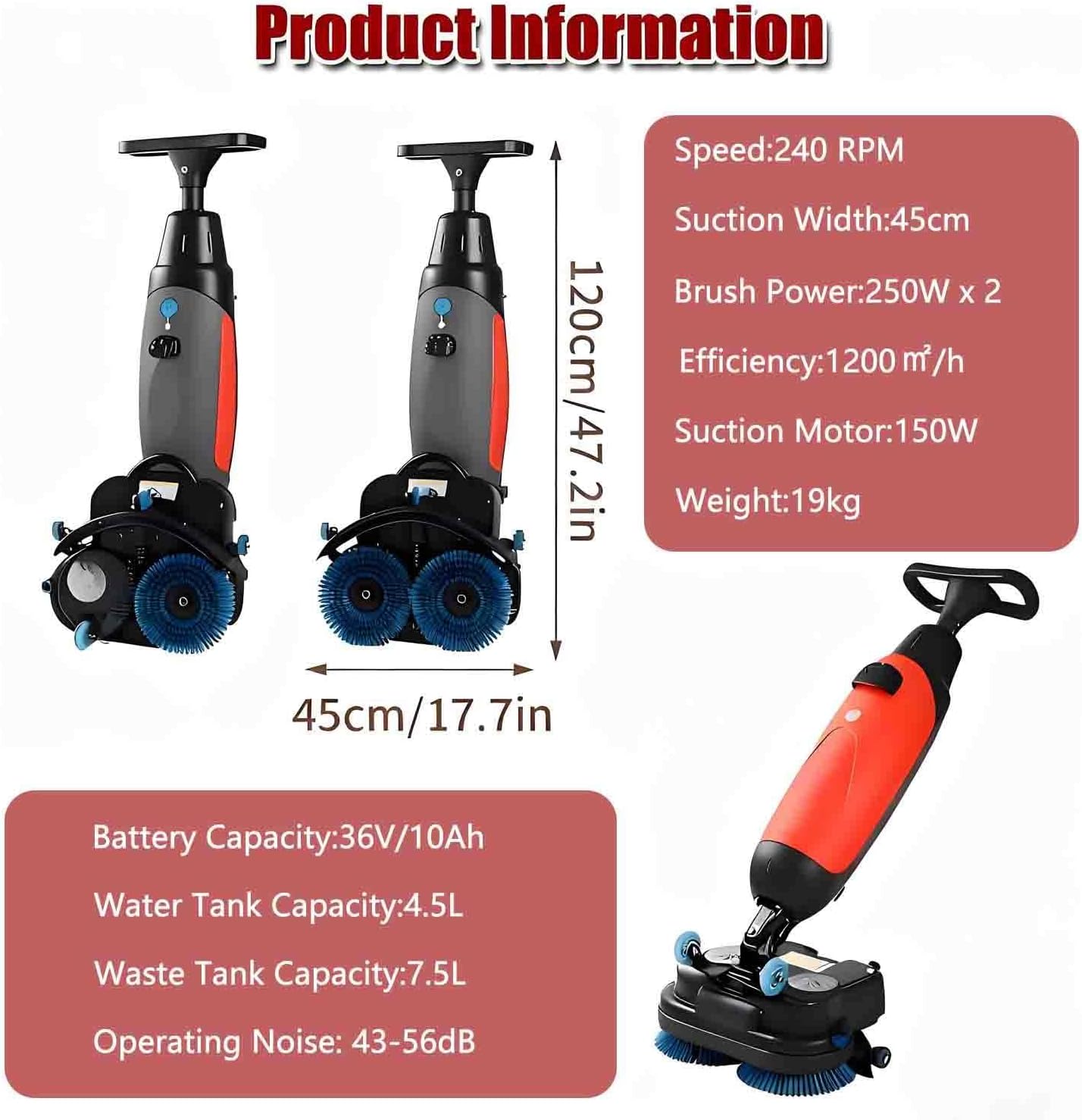 Commercial Electric Floor Scrubber Tile Polisher, Carpet Extractor Power Scrub Brush, 360°Rotating, Convenient Cordless, for Tile Carpet Hardwood Floors Marble Red