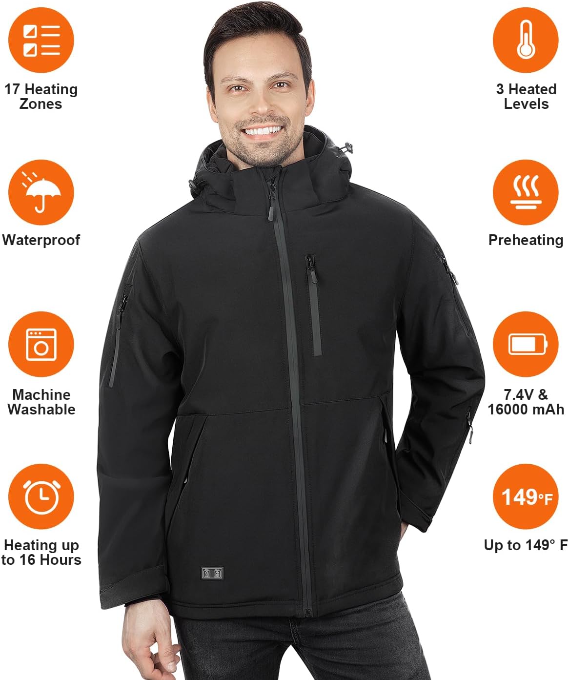 Heated Jacket for Men with Bαtterγ Pack, Winter Outdoor Soft Shell Electric Heating Coat with Detachable Hood - Image 4