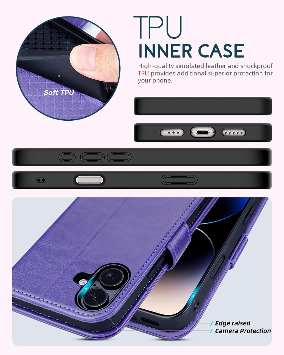 OCASE for iPhone 16 Wallet Case, PU Leather Crossbody Phone Case with Removable Shoulder Strap, Kickstand, RFID Blocking Card Slots, Flip Folio Phone Cover 6.1 Inch 2024, Purple