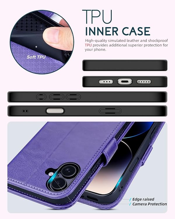 OCASE for iPhone 16 Wallet Case, PU Leather Crossbody Phone Case with Removable Shoulder Strap, Kickstand, RFID Blocking Card Slots, Flip Folio Phone Cover 6.1 Inch 2024, Purple by OCASE - Used condition - Image 6