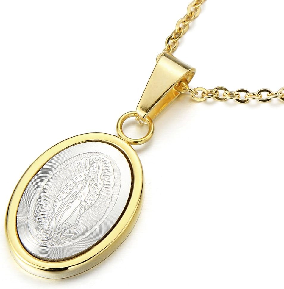 COOLSTEELANDBEYOND Small Virgin Mary Maria Oval Miraculous Medal Pendant Stainless Steel Necklace for Men Women