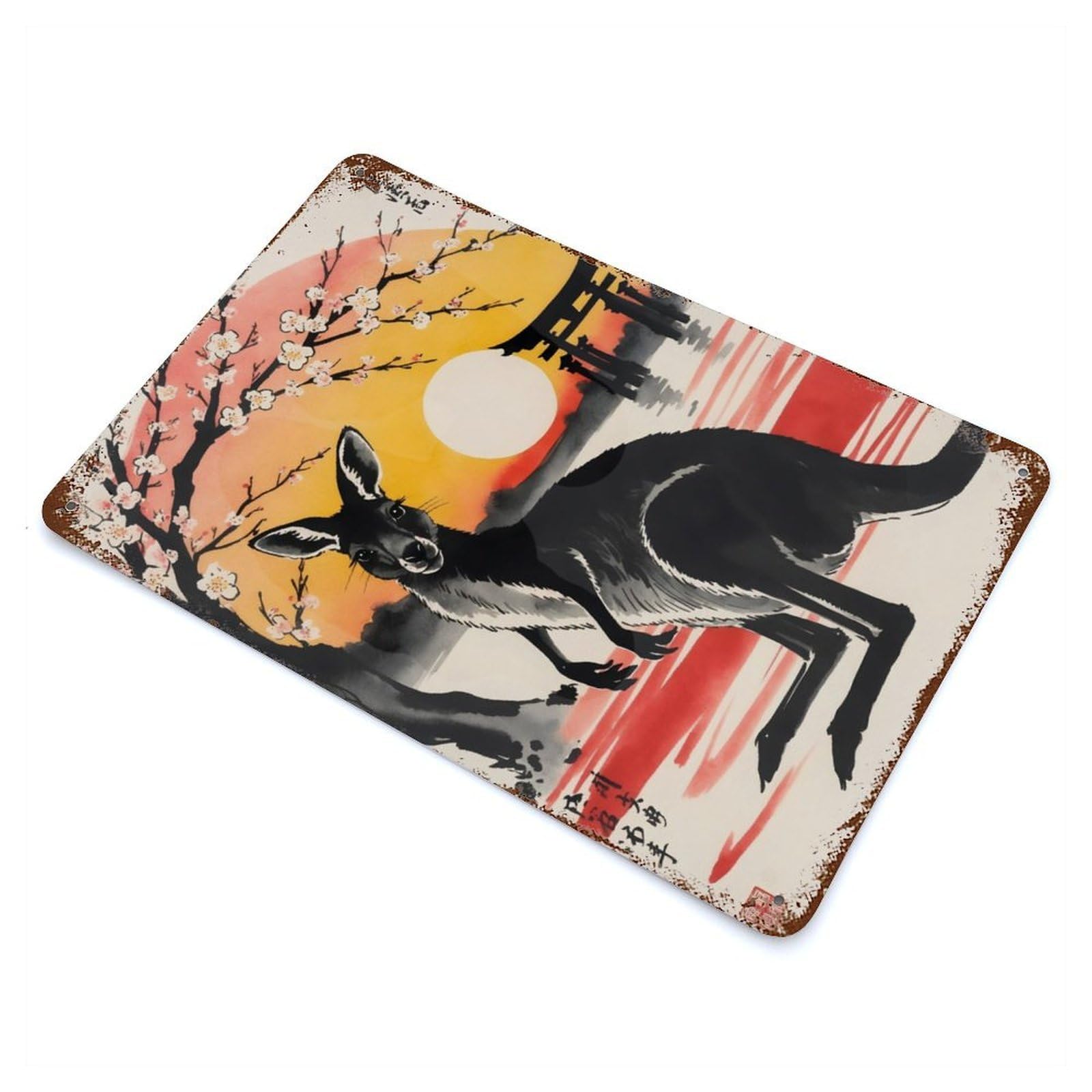 Distressed Metal Wall Sign Kangaroo Japan Painting 11.8"x7.9", Vintage Wall Decor for Cafe, Home Bar And Lounge Decor