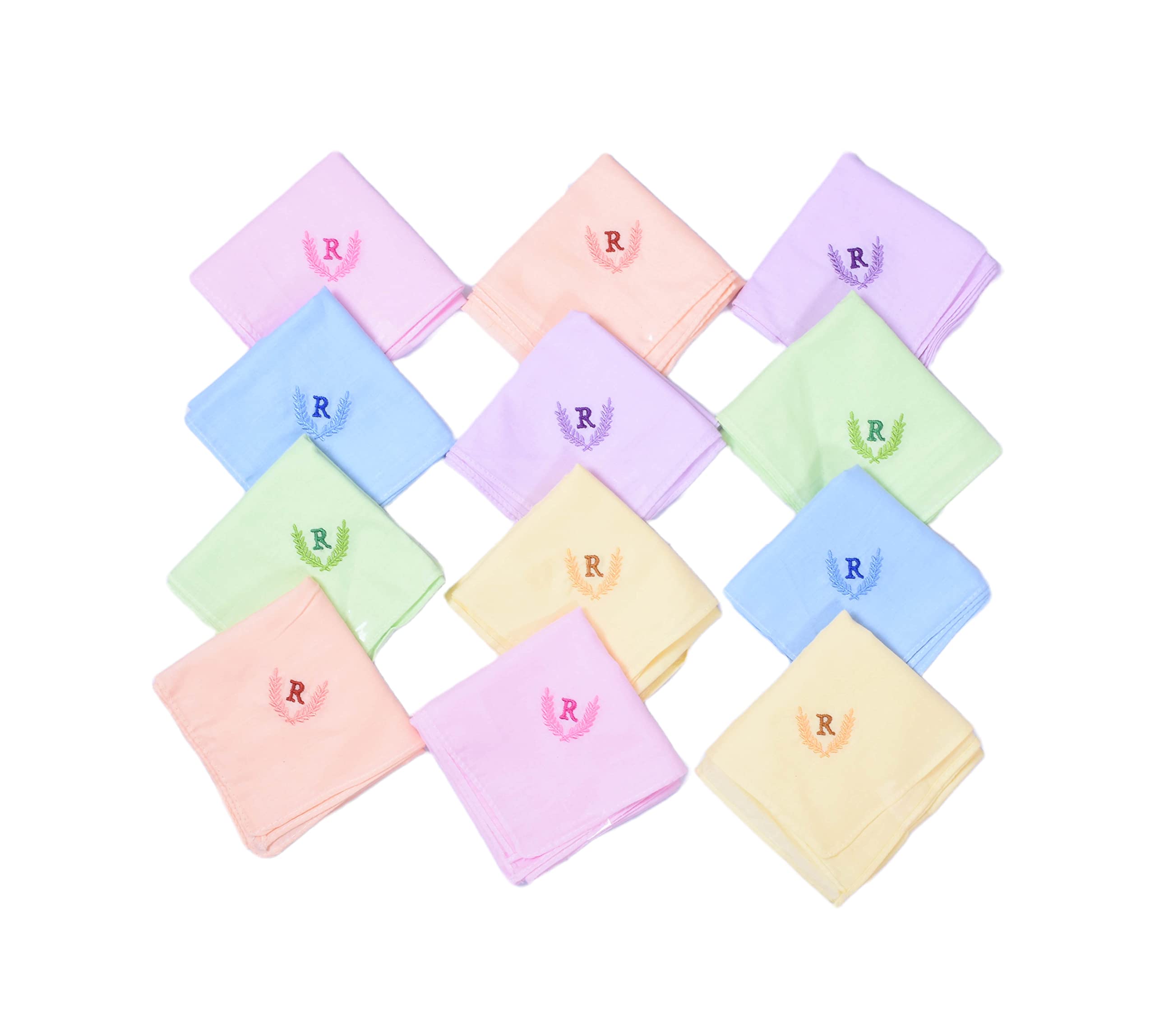 ANTONIAPersonalized Handkerchief Cotton for Women with Embroidered Initials Alphabets for Gift (Pack of 12)