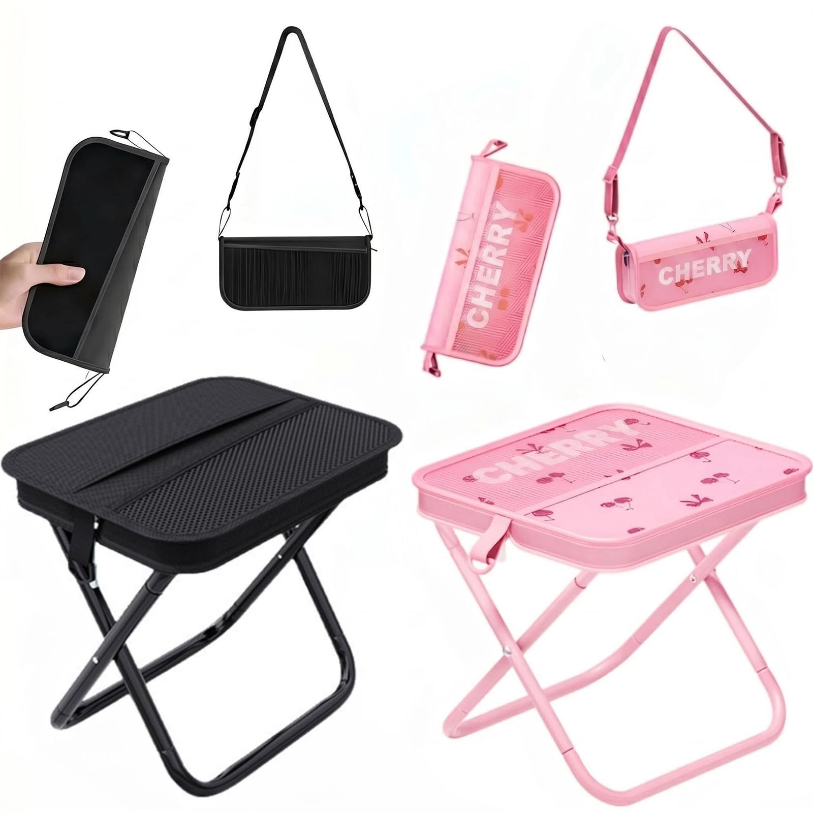 Klapphocker faltbar, 2er Set rot & schwarz, tragbarer Klapphocker als Umhängetasche, Handtasche & Sitzhocker für Camping, Angeln, Garten - 2 Stück