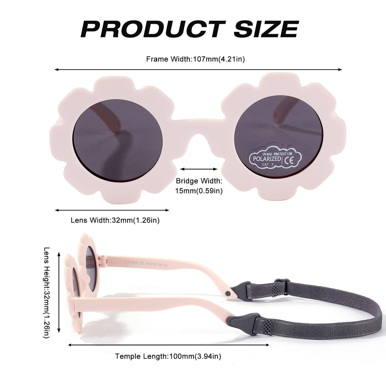 Polarisrd-Sonnenbrille für Babys, mit Riemen, flexibel, biegbar, Sonnenblume, für Neugeborene, 0-24 Monate