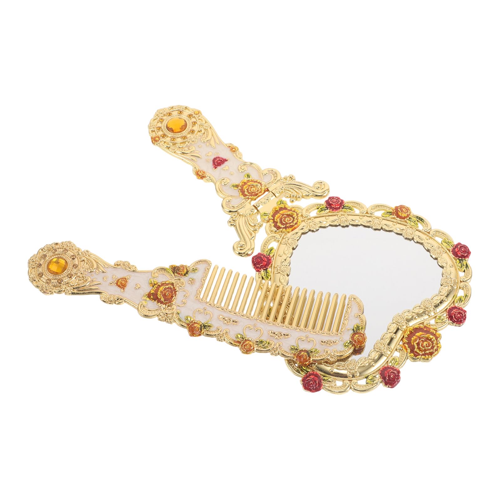 TOYANDONA Set Specchio da Trucco Pieghevole Portatile Dorato Vintage con Manico Retrò e Pettine Tascabile, Specchio da Viaggio Compatto per Trucco e Cura Personale, Accessorio Beauty