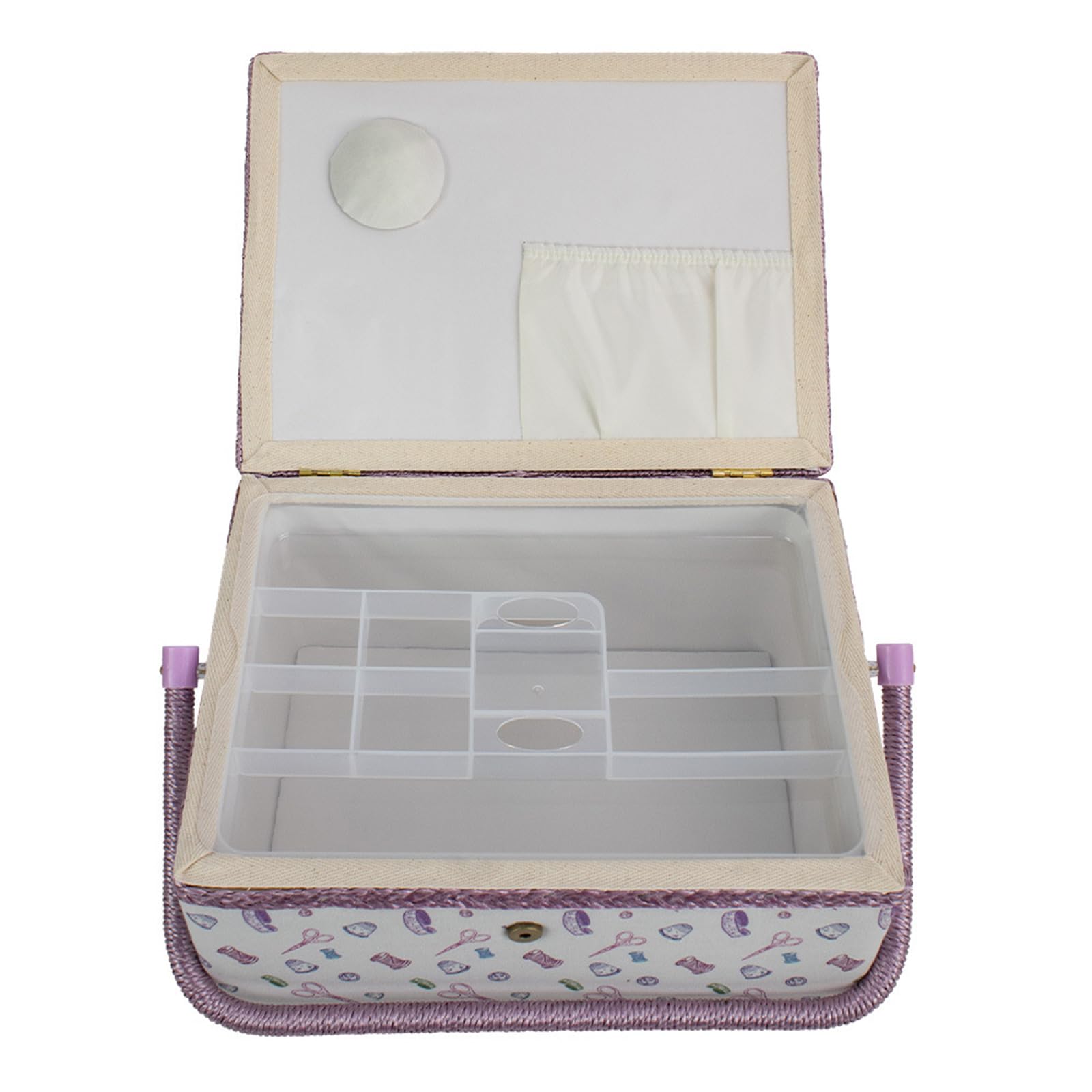 Amplio contenedor de almacenamiento de costura de tela con estructura de madera y asa de transporte, caja de costura de tela