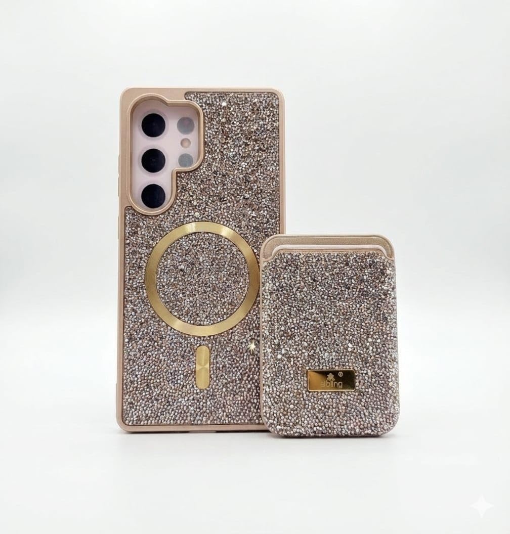 Sibling Crystal Stone Back Cover Case with Wallet for Smartphone | Magnetic case| Premium Glitter Finish | Slim Protective Phone Case (Crystal Stone Back Cover Case, Gold, Samsung Galaxy S24 Ultra)