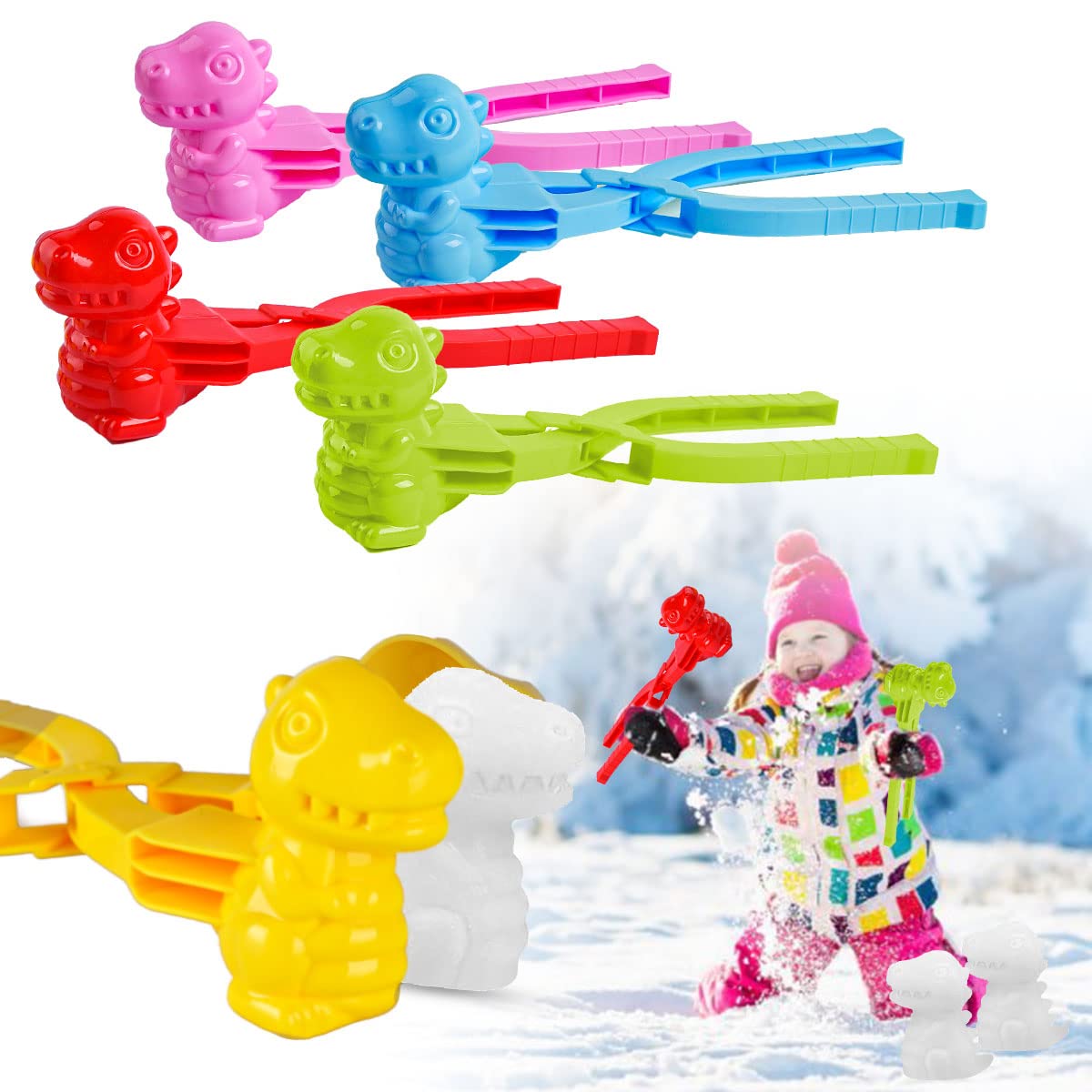 BeneFine 5Pcs Dinosaur Snowball Maker Toys, Snowball Maker Tool, Perfect Outdoor Play Snow or Sand Toys for Kids and Adults---Dinosaur Shape(5 Color)