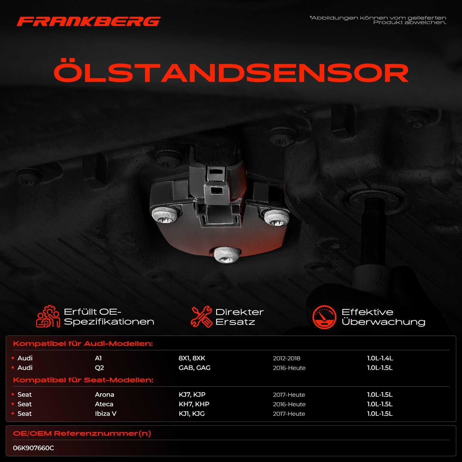 Frankberg Ölstandsensor Ölniveausensor 3-Polig Kompatibel mit P.a.s.s.a.t UP! Polo T-R.O.C Golf VI O.c.t.a.v.i.a III T.i.g.u.a.n K.a.r.o.q Golf Sportsvan A4 Replace# 06K907660C