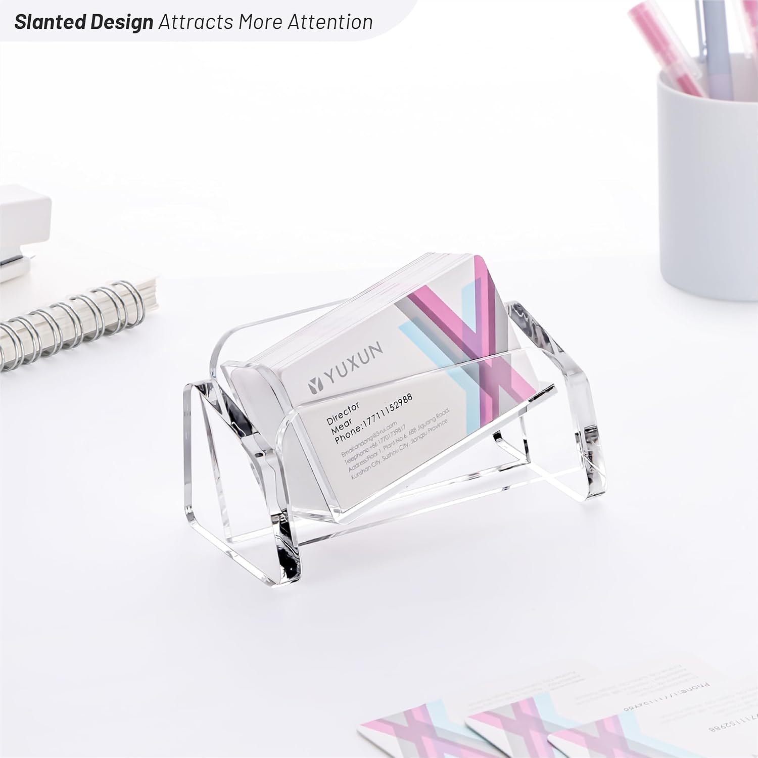 YUXUN Business Card Holder for desk,Creative Acrylic Slanted Business Card Display Stand for Woman and Man,Organize 50 cards-Clear,1 Pack image 3