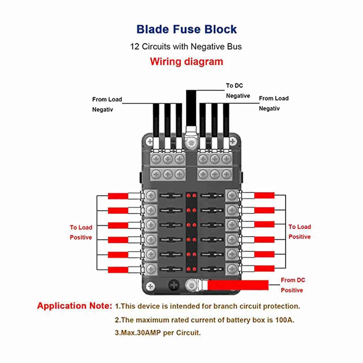 Brilluxa Fuse Block, 12 Circuit Blade Fuse Box Fuse Panel with LED Fault Indicators, ATC/ATO Fuse Holder for 12V/24V DC Car Truck RV Yacht Marine Boat Wiring Power Distribution